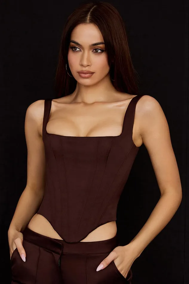 House Of CB RafaChocolate Satin Longline Corset Chocolate Women Corsets