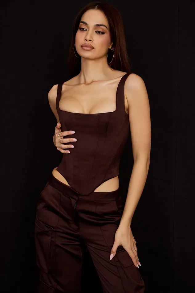 House Of CB RafaChocolate Satin Longline Corset Chocolate Women Corsets