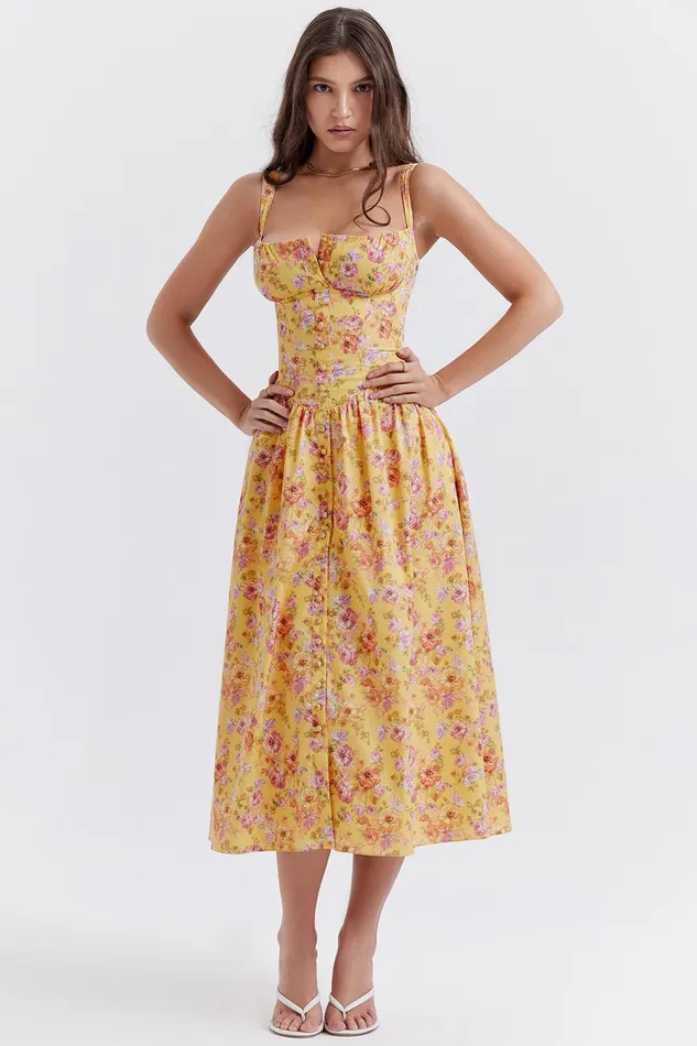 House Of CB TatianaButter Print Midi Sundress Butter Women Corset Dresses
