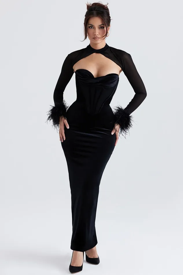 House Of CB ThaliaBlack Velvet Corset Maxi Dress Black Women Corset Dresses