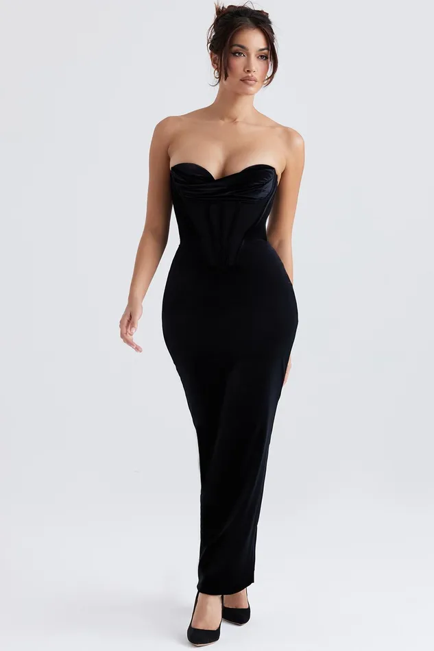 House Of CB ThaliaBlack Velvet Corset Maxi Dress Black Women Corset Dresses