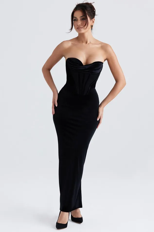 House Of CB ThaliaBlack Velvet Corset Maxi Dress Black Women Corset Dresses