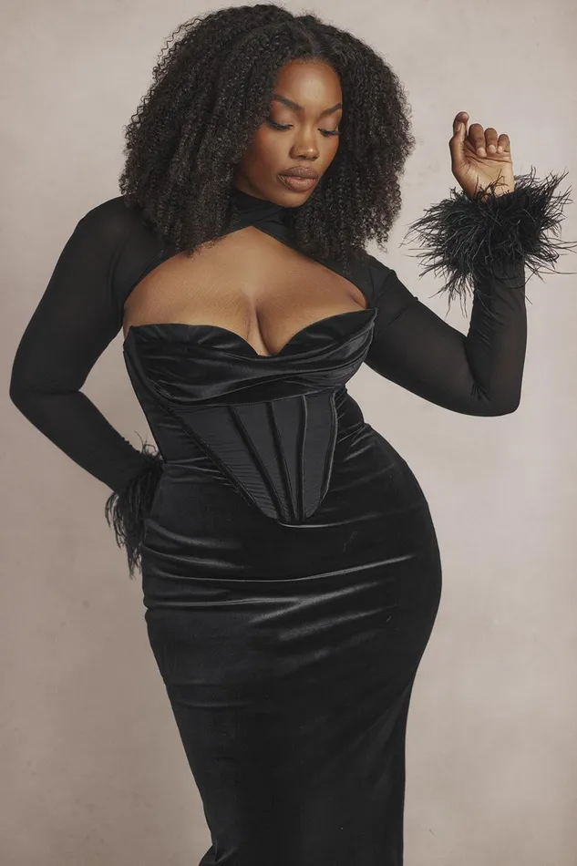House Of CB ThaliaBlack Velvet Corset Maxi Dress Black Women Corset Dresses