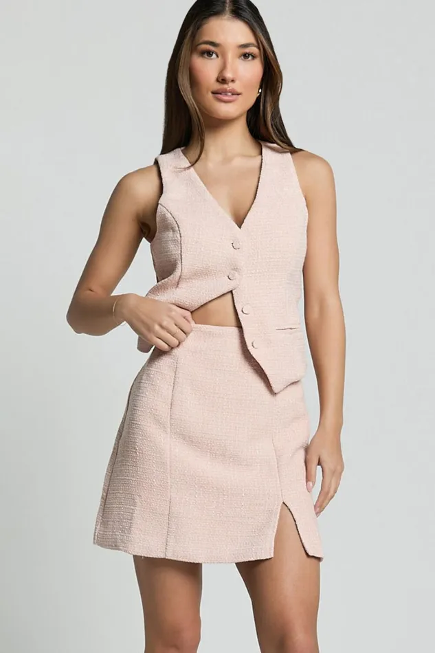 Iggy Mini Skirt 8211 High Waist Split Boucle Skirt In Pink Women Showpo Skirts
