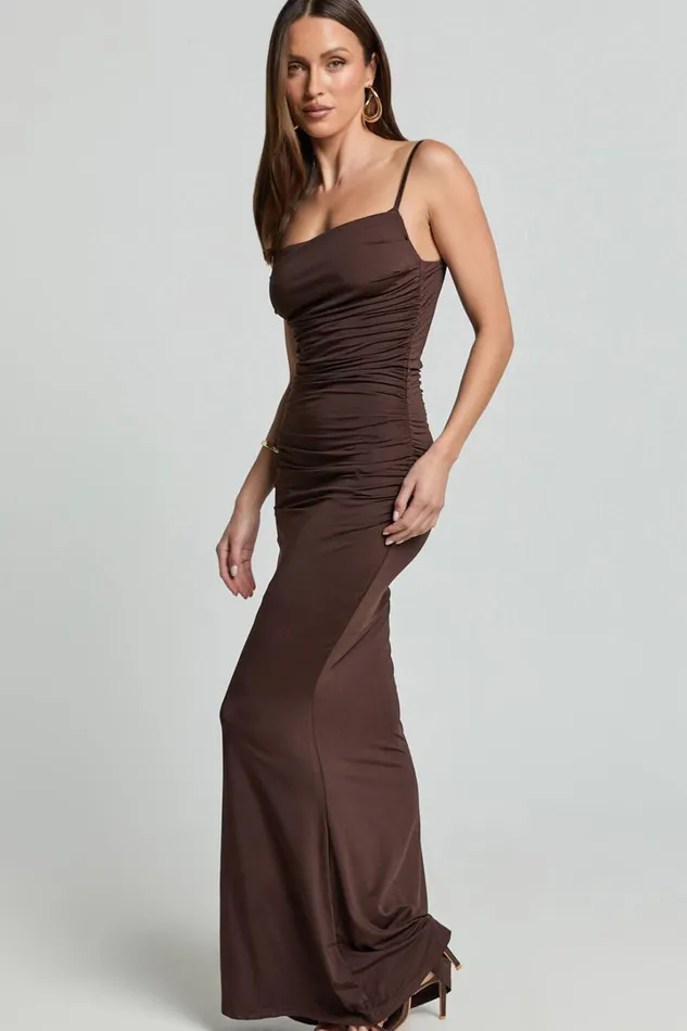 Imogen Maxi Dress 8211 Strappy Ruched Slip Dress In Chocolate Women Showpo Dresses