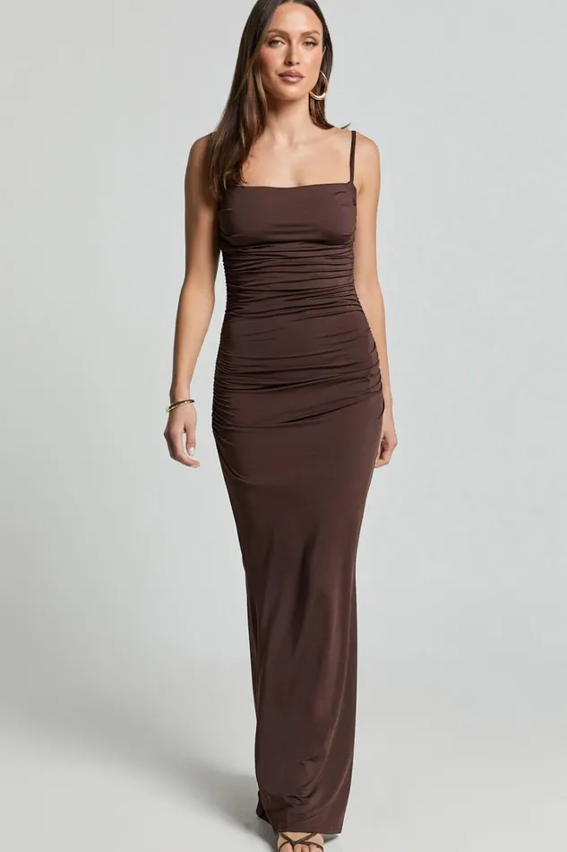Imogen Maxi Dress 8211 Strappy Ruched Slip Dress In Chocolate Women Showpo Dresses