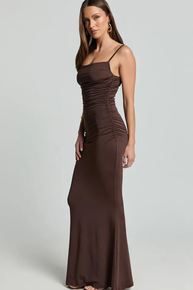 Imogen Maxi Dress 8211 Strappy Ruched Slip Dress In Chocolate Women Showpo Dresses