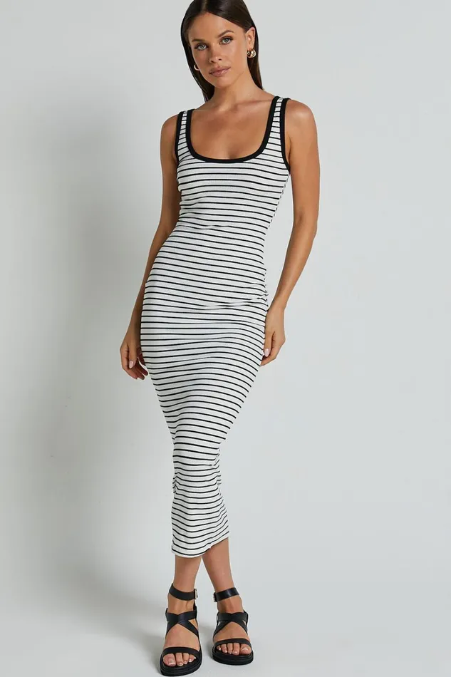Isha Midi Dress 8211 Ribbed Scoop Neck Sleeveless Bodycon Dress In White And Black Stripe Women Showpo Basics
