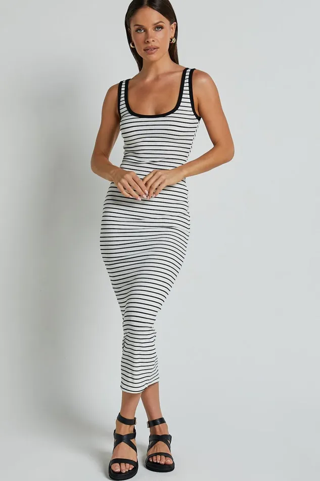 Isha Midi Dress 8211 Ribbed Scoop Neck Sleeveless Bodycon Dress In White And Black Stripe Women Showpo Basics