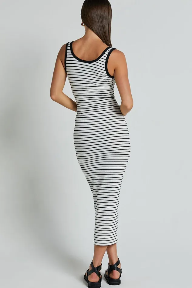 Isha Midi Dress 8211 Ribbed Scoop Neck Sleeveless Bodycon Dress In White And Black Stripe Women Showpo Basics