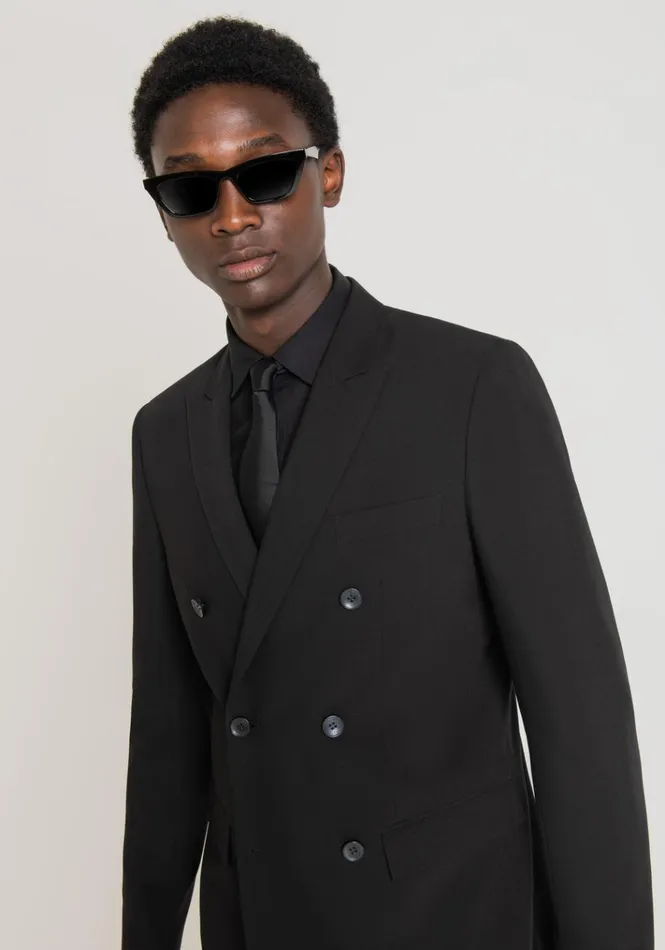 Jackets And Gilet Men Antony Morato Kate Slim Fit DoubleBreasted Jacket In An Elastic Viscose Blend Fabric Black