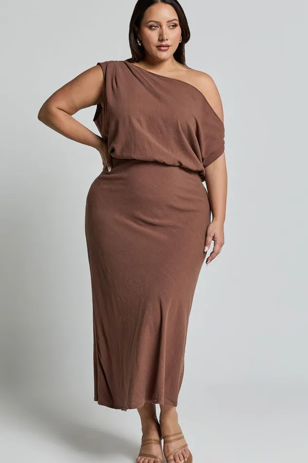 Jacqueline Midi Dress 8211 Linen Look One Shoulder Dress In Chocolate Women Showpo Curve Clothes