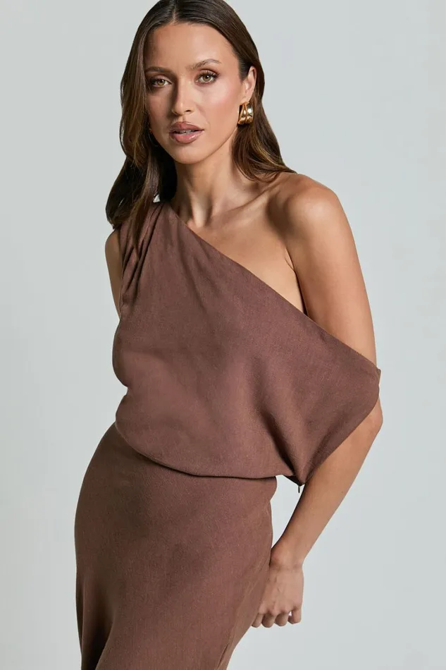 Jacqueline Midi Dress 8211 Linen Look One Shoulder Dress In Chocolate Women Showpo Curve Clothes