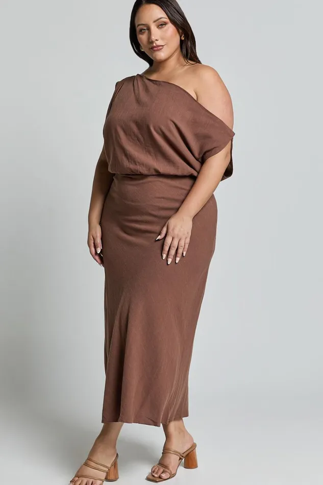 Jacqueline Midi Dress 8211 Linen Look One Shoulder Dress In Chocolate Women Showpo Curve Clothes