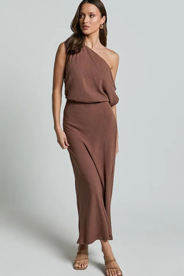Jacqueline Midi Dress 8211 Linen Look One Shoulder Dress In Chocolate Women Showpo Curve Clothes