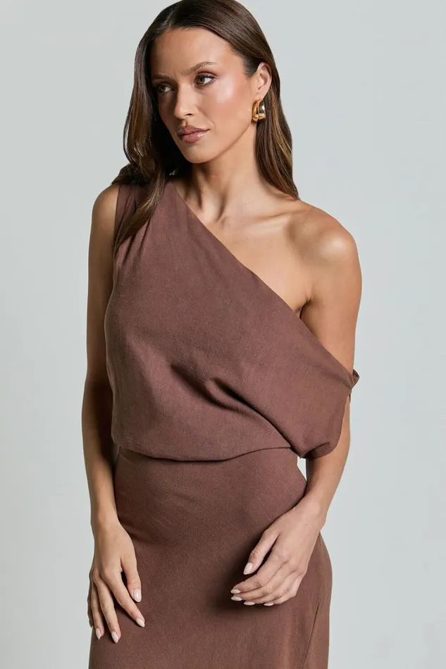 Jacqueline Midi Dress 8211 Linen Look One Shoulder Dress In Chocolate Women Showpo Curve Clothes