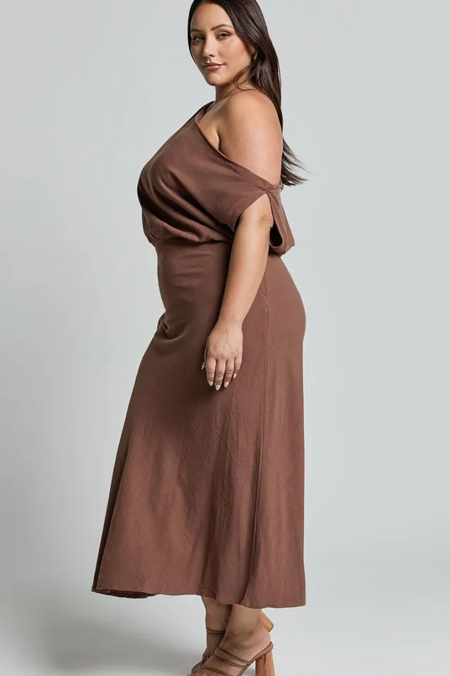 Jacqueline Midi Dress 8211 Linen Look One Shoulder Dress In Chocolate Women Showpo Curve Clothes