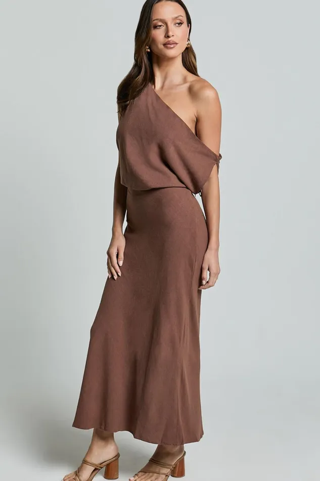 Jacqueline Midi Dress 8211 Linen Look One Shoulder Dress In Chocolate Women Showpo Curve Clothes