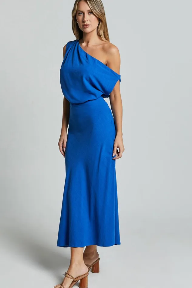 Jacqueline Midi Dress 8211 Linen Look One Shoulder Dress In Cobalt Women Showpo Curve Clothes