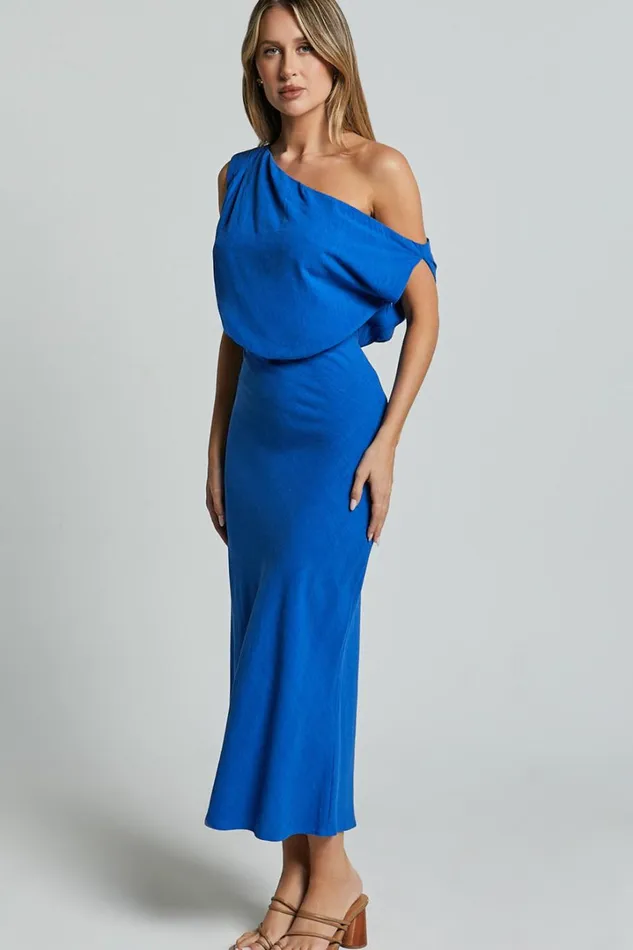 Jacqueline Midi Dress 8211 Linen Look One Shoulder Dress In Cobalt Women Showpo Curve Clothes