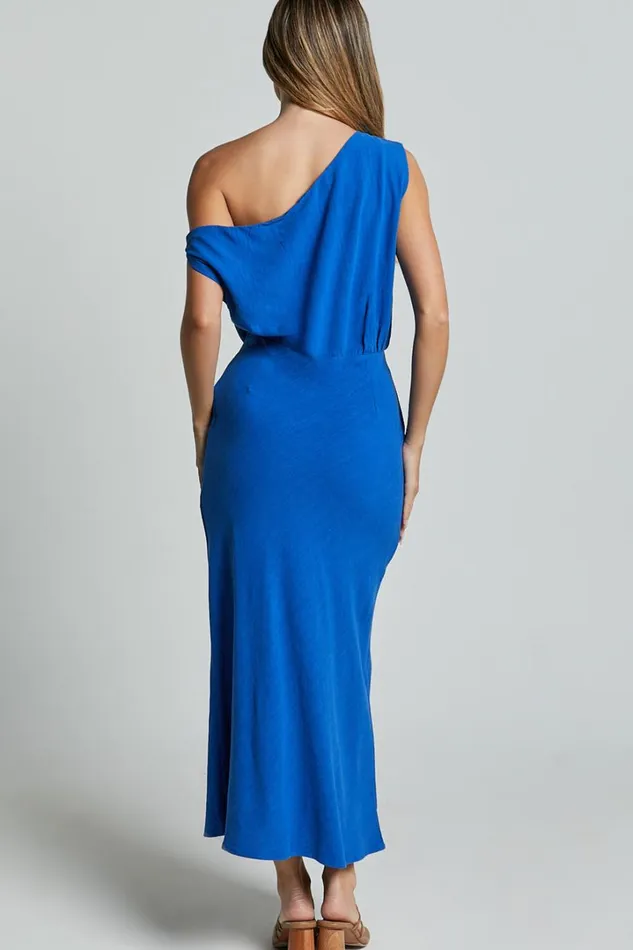 Jacqueline Midi Dress 8211 Linen Look One Shoulder Dress In Cobalt Women Showpo Curve Clothes