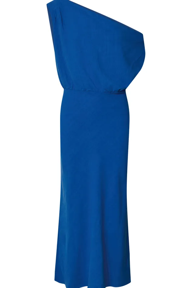 Jacqueline Midi Dress 8211 Linen Look One Shoulder Dress In Cobalt Women Showpo Curve Clothes