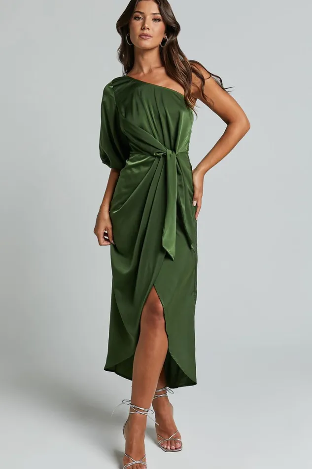 Janae Midi Dress 8211 One Shoulder 34 Sleeve Wrap In Olive Women Showpo Dresses