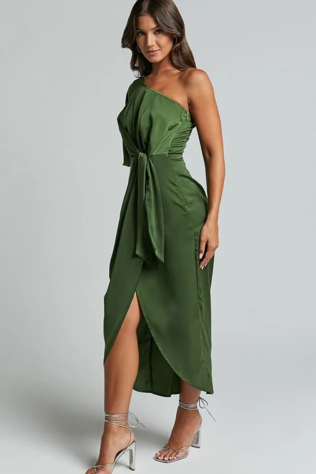 Janae Midi Dress 8211 One Shoulder 34 Sleeve Wrap In Olive Women Showpo Dresses