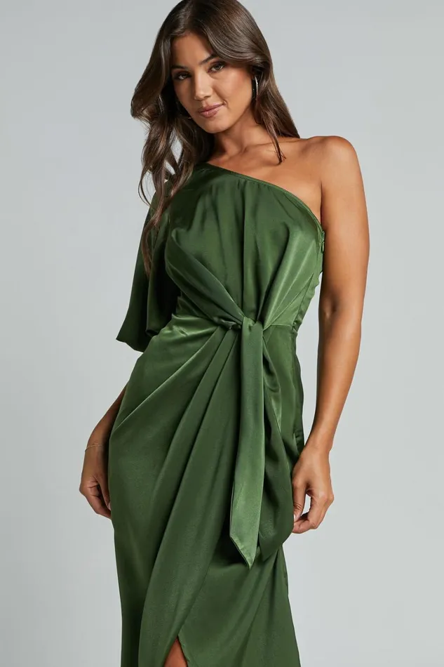 Janae Midi Dress 8211 One Shoulder 34 Sleeve Wrap In Olive Women Showpo Dresses