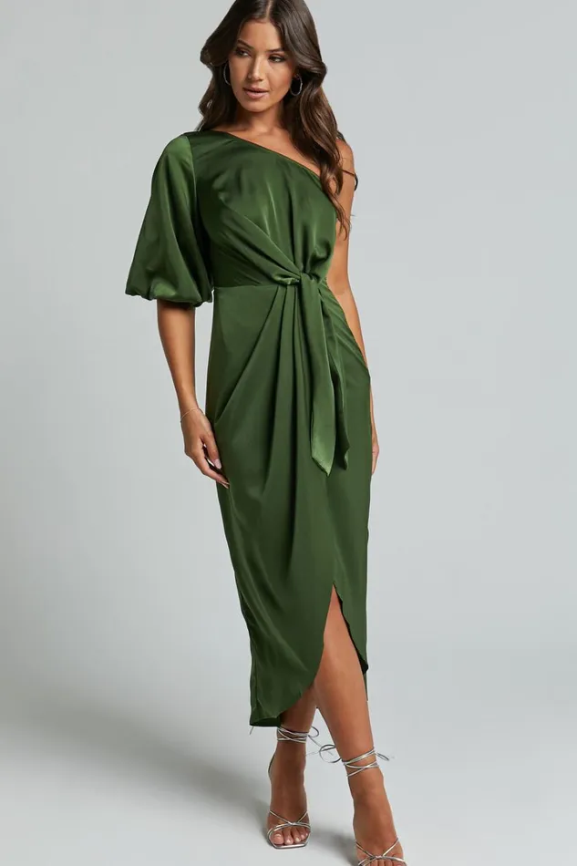 Janae Midi Dress 8211 One Shoulder 34 Sleeve Wrap In Olive Women Showpo Dresses