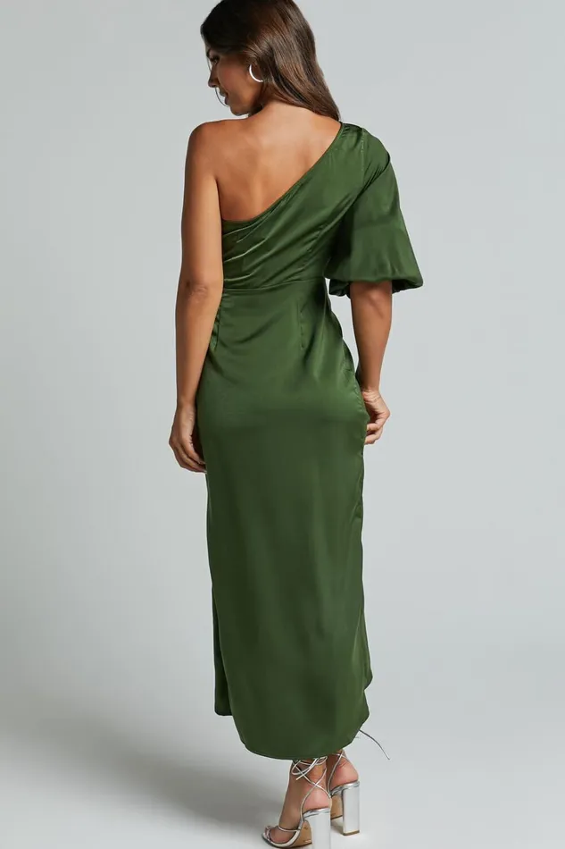 Janae Midi Dress 8211 One Shoulder 34 Sleeve Wrap In Olive Women Showpo Dresses