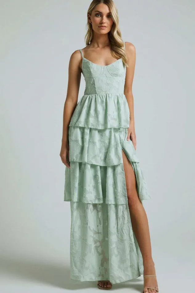 Janezkie Midi Dress 8211 Femme Tiered Jacquard Formal Dress In Mint Women Showpo Curve Clothes