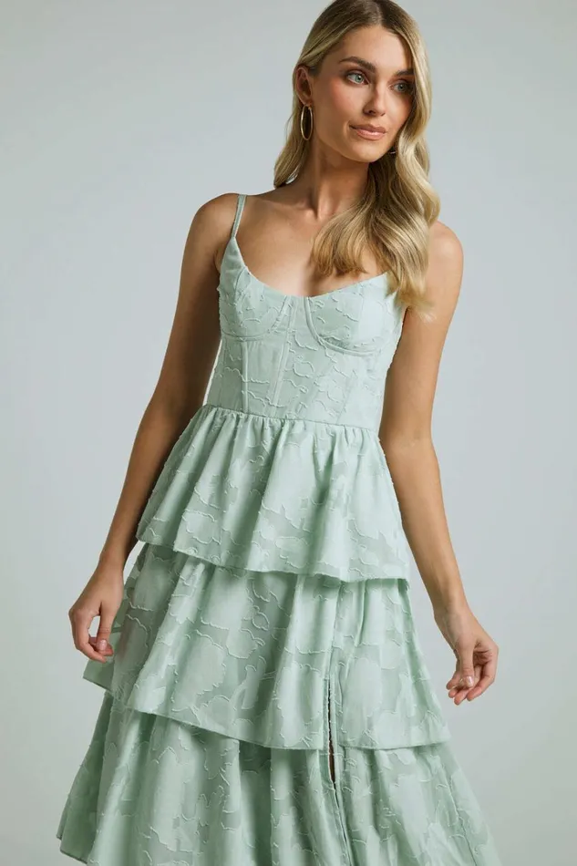 Janezkie Midi Dress 8211 Femme Tiered Jacquard Formal Dress In Mint Women Showpo Curve Clothes
