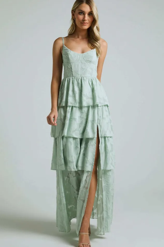 Janezkie Midi Dress 8211 Femme Tiered Jacquard Formal Dress In Mint Women Showpo Curve Clothes