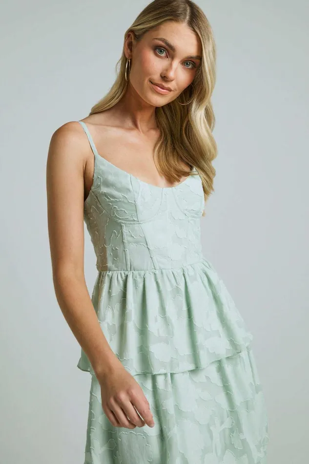 Janezkie Midi Dress 8211 Femme Tiered Jacquard Formal Dress In Mint Women Showpo Curve Clothes