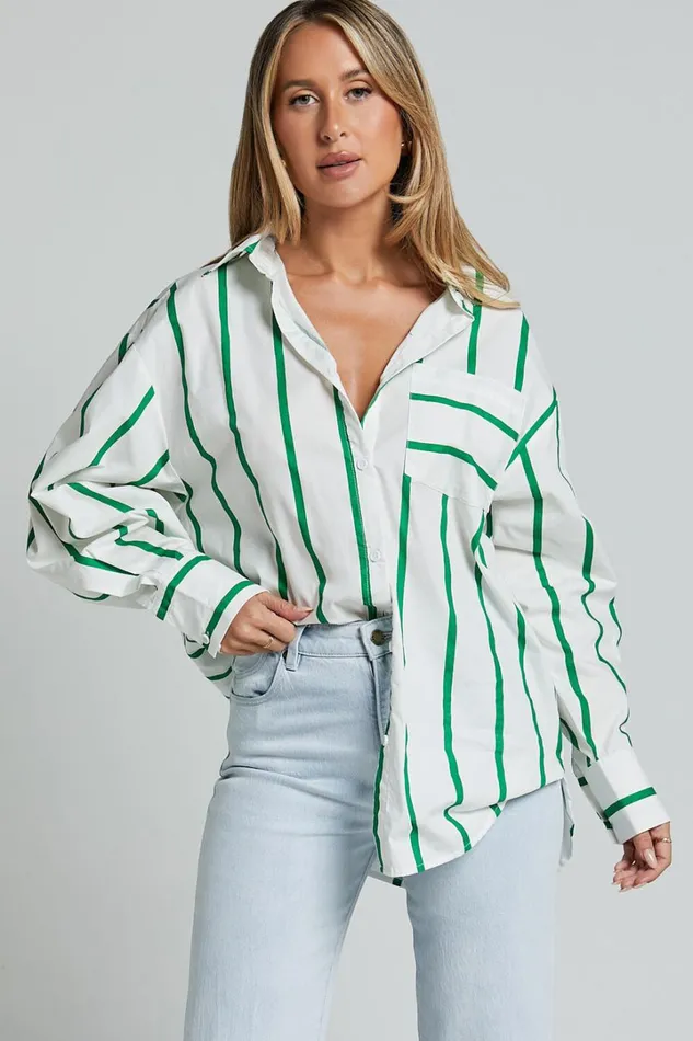 Jaycey Shirt 8211 Long Sleeve Pocket Detail Shirt In WHITE AND GREEN STRIPE Women Showpo Tops Jaycey Shirt 8211 Long Sleeve Pocket Detail Shirt In WHITE AND GREEN STRIPE Women Showpo Tops