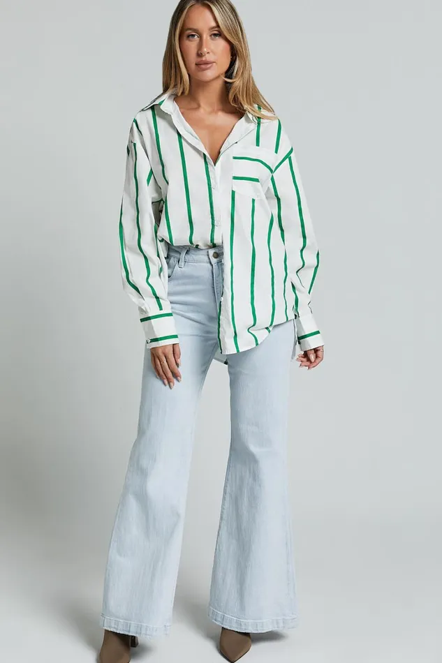 Jaycey Shirt 8211 Long Sleeve Pocket Detail Shirt In WHITE AND GREEN STRIPE Women Showpo Tops