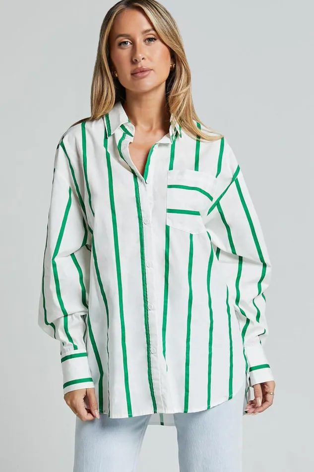 Jaycey Shirt 8211 Long Sleeve Pocket Detail Shirt In WHITE AND GREEN STRIPE Women Showpo Tops