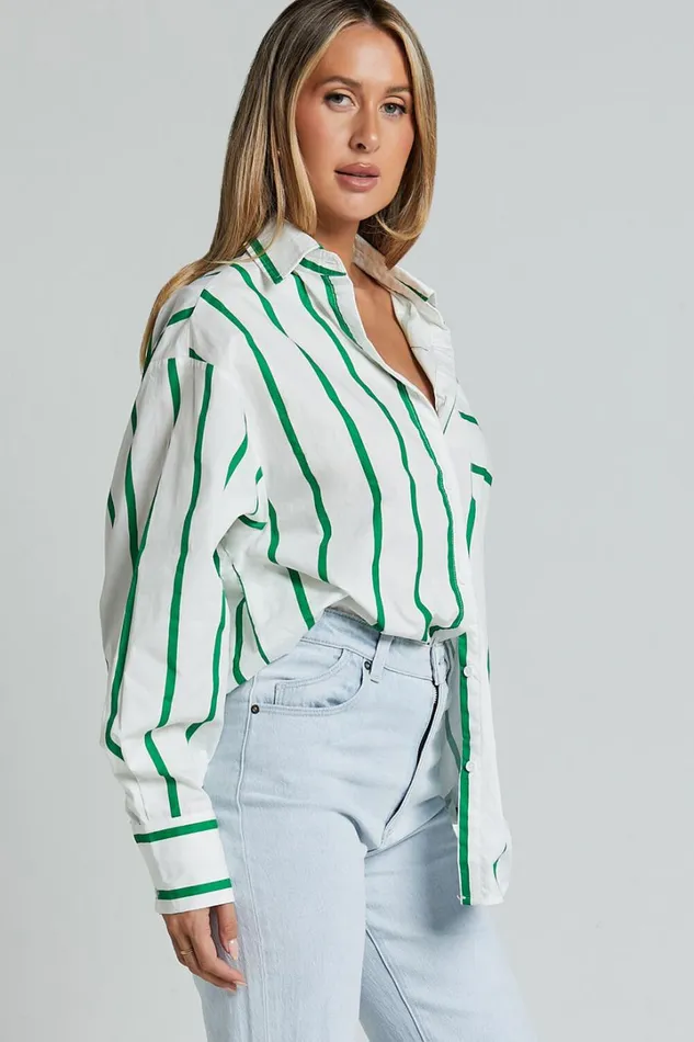 Jaycey Shirt 8211 Long Sleeve Pocket Detail Shirt In WHITE AND GREEN STRIPE Women Showpo Tops