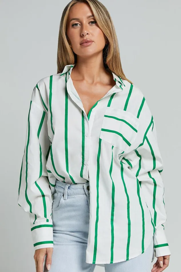 Jaycey Shirt 8211 Long Sleeve Pocket Detail Shirt In WHITE AND GREEN STRIPE Women Showpo Tops
