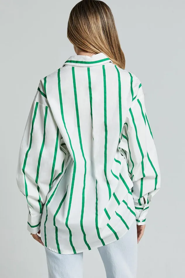 Jaycey Shirt 8211 Long Sleeve Pocket Detail Shirt In WHITE AND GREEN STRIPE Women Showpo Tops