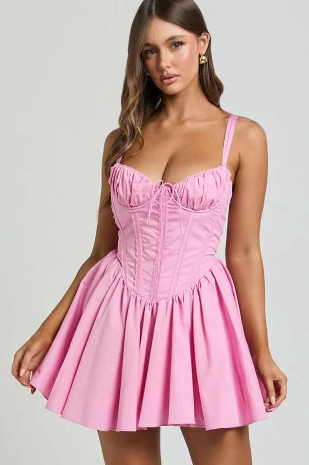 Jenna Mini Dress 8211 Corset Lace Trim Flared Dress In Musk Pink Women Showpo Dresses
