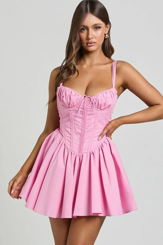 Jenna Mini Dress 8211 Corset Lace Trim Flared Dress In Musk Pink Women Showpo Dresses