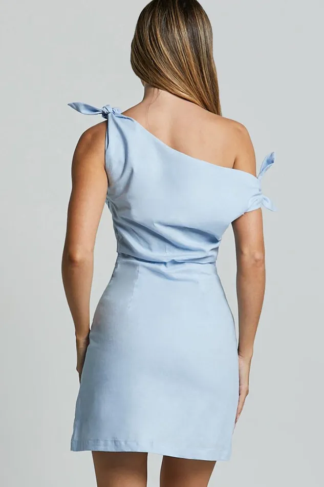 Jeofina Mini Dress 8211 Off The Shoulder Linen Look Dress In Pale Blue Women Showpo Curve Clothes