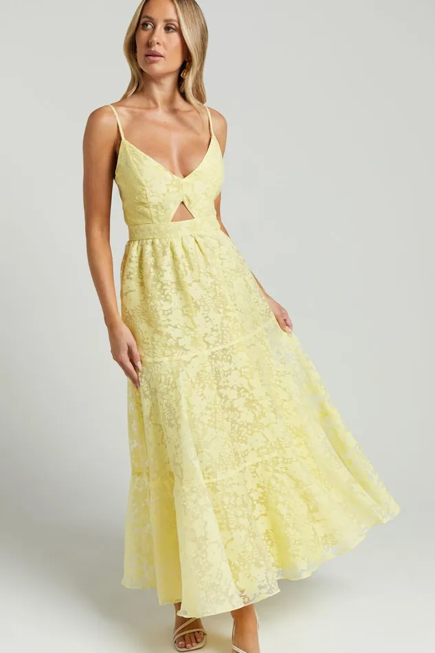 Jorie Midi Dress 8211 Strappy Front Cut Out Tiered Skirt In Pastel Yellow Women Showpo Curve Clothes