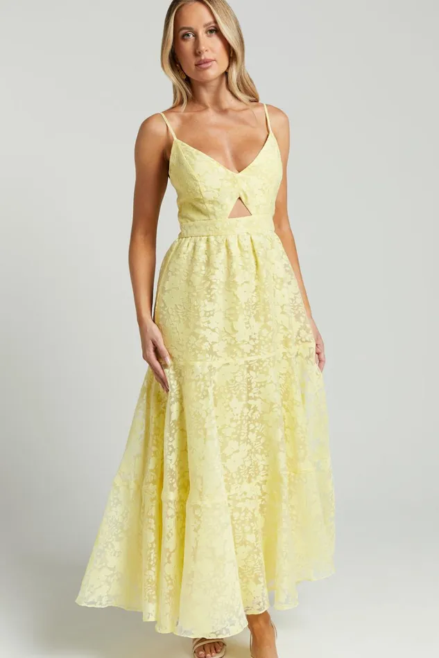 Jorie Midi Dress 8211 Strappy Front Cut Out Tiered Skirt In Pastel Yellow Women Showpo Curve Clothes
