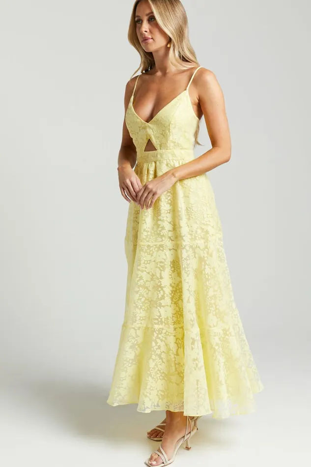 Jorie Midi Dress 8211 Strappy Front Cut Out Tiered Skirt In Pastel Yellow Women Showpo Curve Clothes