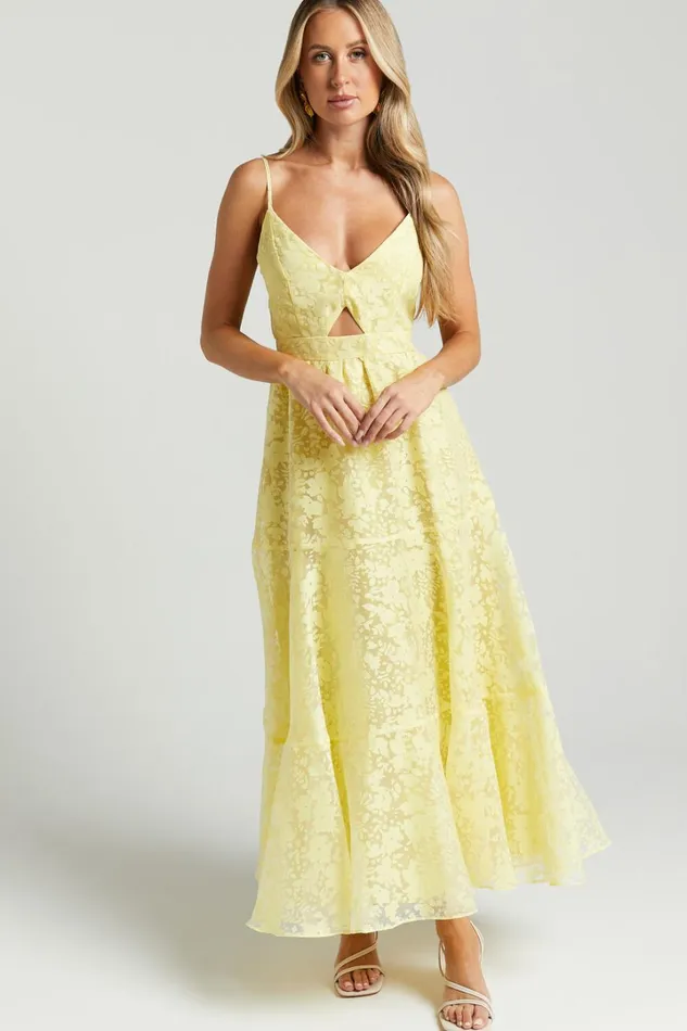 Jorie Midi Dress 8211 Strappy Front Cut Out Tiered Skirt In Pastel Yellow Women Showpo Curve Clothes