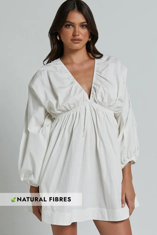 Josette Mini Dress 8211 Plunge Neck Balloon Sleeve Smock Dress In Off White Women Showpo Dresses