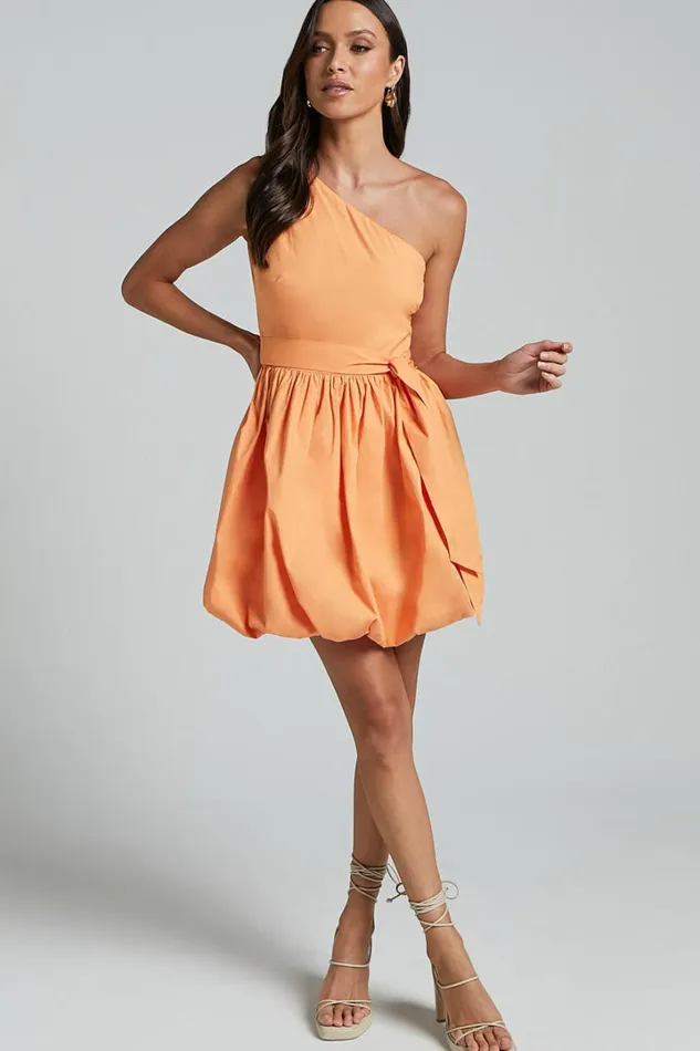Jovette Mini Dress 8211 One Shoulder Tie Waist Bubble Hem Dress In Apricot Women Showpo Conscious